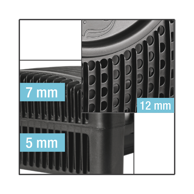 Grille avec 3 différentes mesures de filtration: partie supérieure 12mm, cÙtés 7mm, partie inférieure 5mm.